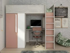 Hoogslaper - 90 X 200 Cm - Met Kast En Bureau - Roze En Wit - Nicolas