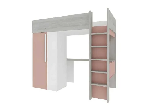Hoogslaper - 90 X 200 Cm - Met Kast En Bureau - Roze En Wit - Nicolas