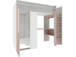 Hoogslaper - 90 X 200 Cm - Met Kast En Bureau - Roze En Wit + Matras -Nicolas