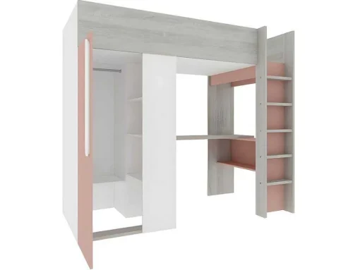 Hoogslaper - 90 X 200 Cm - Met Kast En Bureau - Roze En Wit + Matras -Nicolas