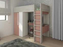 Hoogslaper - 90 X 200 Cm - Met Kast En Bureau - Roze En Wit - Nicolas