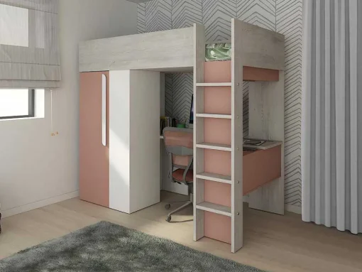 Hoogslaper - 90 X 200 Cm - Met Kast En Bureau - Roze En Wit - Nicolas