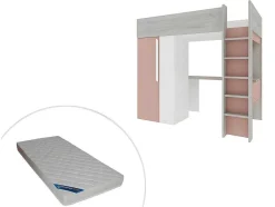 Hoogslaper - 90 X 200 Cm - Met Kast En Bureau - Roze En Wit + Matras -Nicolas