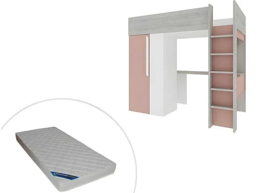 Hoogslaper - 90 X 200 Cm - Met Kast En Bureau - Roze En Wit + Matras -Nicolas