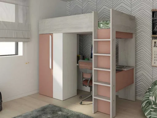 Hoogslaper - 90 X 200 Cm - Met Kast En Bureau - Roze En Wit + Matras -Nicolas