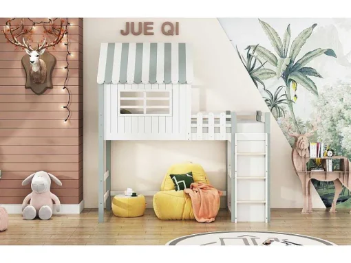 Hoogslaper 90 X 200 Cm - Cabinebed Met Ladder - Opbergplank - Massief Hout - Groen