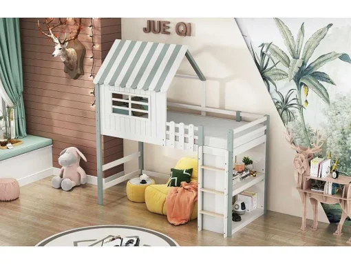 Hoogslaper 90 X 200 Cm - Cabinebed Met Ladder - Opbergplank - Massief Hout - Groen