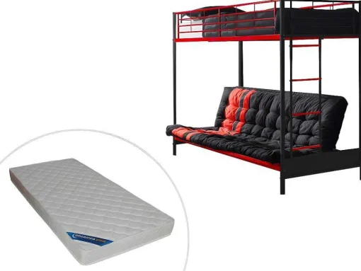 Hoogslaper 90 X 190 Cm - Met Slaapbank - Metaal - Zwart En Rood + Futon + Matras - Modulo V