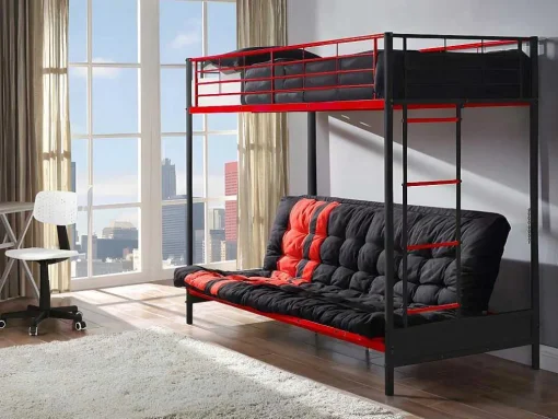 Hoogslaper 90 X 190 Cm - Met Slaapbank - Metaal - Zwart En Rood + Futon + Matras - Modulo V