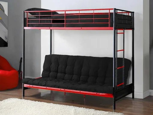 Hoogslaper 90 X 190 Cm - Met Slaapbank - Metaal - Zwart En Rood + Futon + Matras - Modulo V