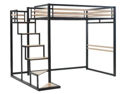 Hoogslaper 140 X 200 Cm - Metaal En Mdf - Zwart En Naturel + Matras - Jogui