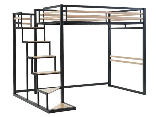 Hoogslaper 140 X 200 Cm - Metaal En Mdf - Zwart En Naturel + Matras - Jogui