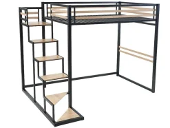 Hoogslaper 140 X 200 Cm - Metaal En Mdf - Zwart En Naturel + Matras - Jogui