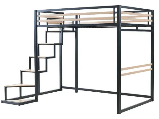 Hoogslaper 140 X 200 Cm - Metaal En Mdf - Zwart En Naturel + Matras - Jogui