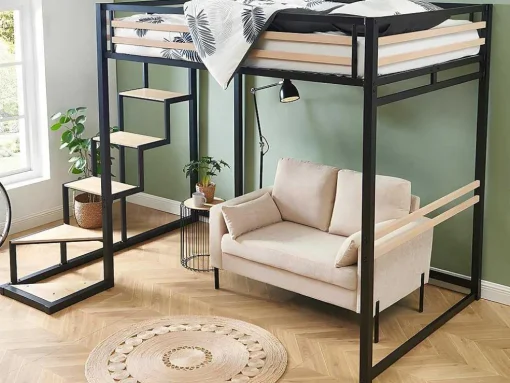 Hoogslaper 140 X 200 Cm - Metaal En Mdf - Zwart En Naturel + Matras - Jogui