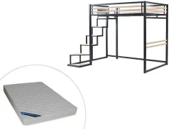 Hoogslaper 140 X 200 Cm - Metaal En Mdf - Zwart En Naturel + Matras - Jogui