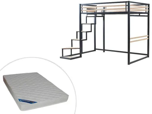 Hoogslaper 140 X 200 Cm - Metaal En Mdf - Zwart En Naturel + Matras - Jogui