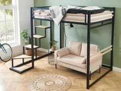 Hoogslaper 140 X 200 Cm - Metaal En Mdf - Zwart En Naturel + Matras - Jogui