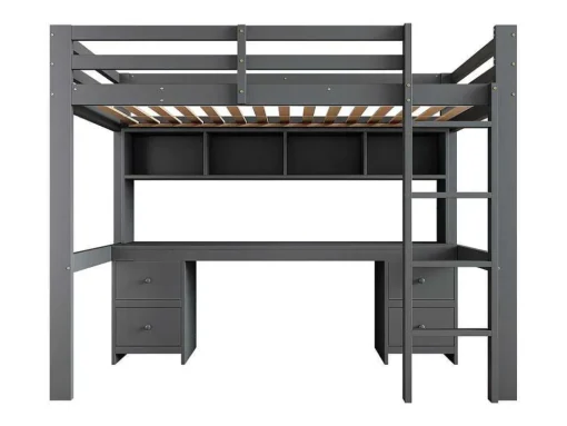 Hoogslaper 90 X 200 Cm Met Bureau, Boekenkast, Lades En Ladder, Mdf Hout, Grijs