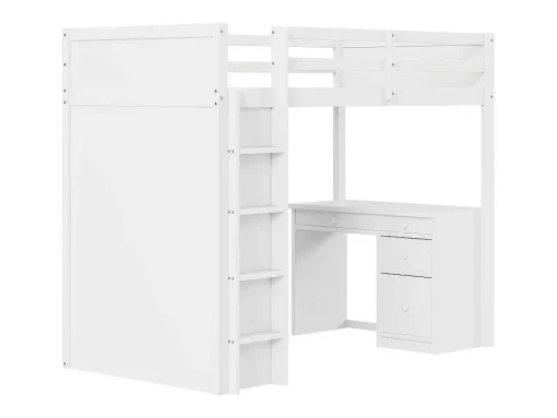 Hoogslaper 90 X 200 Cm Met Bureau, Opbergplanken, Lades En Ladder, Mdf-Hout, Wit