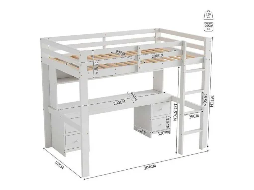 Hoogslaper 90 X 200 Cm Met Bureau, Boekenkast, Lades En Ladder, Mdf Hout, Wit