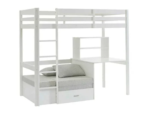 Hoogslaper 90 X 200 Cm Met Bureau, Slaapbank En Opbergruimte - Massief Grenen - Gebleekt + Matras - Goliath Iii