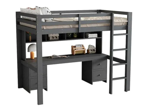 Hoogslaper 90 X 200 Cm Met Bureau, Boekenkast, Lades En Ladder, Mdf Hout, Grijs