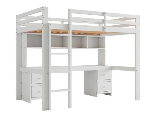 Hoogslaper 90 X 200 Cm Met Bureau, Boekenkast, Lades En Ladder, Mdf Hout, Wit