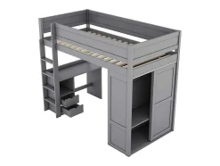 Hoogslaper 90 X 200 Cm Met Bureau + 2 Laden - Kledingkast Met Schuifdeur - Mdf Hout - Grijs