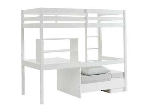 Hoogslaper 90 X 200 Cm Met Bureau, Slaapbank En Opbergruimte - Massief Grenen - Gebleekt + Matras - Goliath Iii