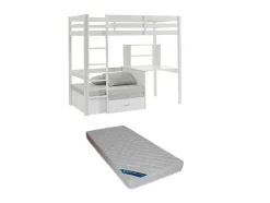 Hoogslaper 90 X 200 Cm Met Bureau, Slaapbank En Opbergruimte - Massief Grenen - Gebleekt + Matras - Goliath Iii