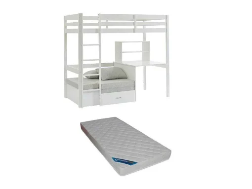 Hoogslaper 90 X 200 Cm Met Bureau, Slaapbank En Opbergruimte - Massief Grenen - Gebleekt + Matras - Goliath Iii