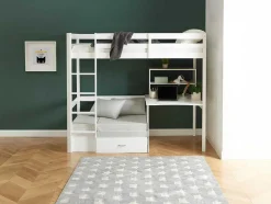 Hoogslaper 90 X 200 Cm Met Bureau, Slaapbank En Opbergruimte - Massief Grenen - Gebleekt + Matras - Goliath Iii