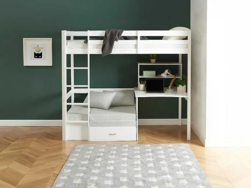 Hoogslaper 90 X 200 Cm Met Bureau, Slaapbank En Opbergruimte - Massief Grenen - Gebleekt + Matras - Goliath Iii