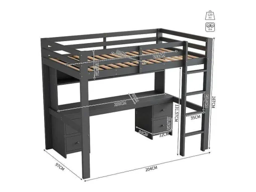 Hoogslaper 90 X 200 Cm Met Bureau, Boekenkast, Lades En Ladder, Mdf Hout, Grijs