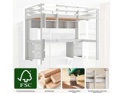 Hoogslaper 90 X 200 Cm Met Bureau, Boekenkast, Lades En Ladder, Mdf Hout, Wit
