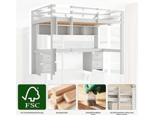 Hoogslaper 90 X 200 Cm Met Bureau, Boekenkast, Lades En Ladder, Mdf Hout, Wit