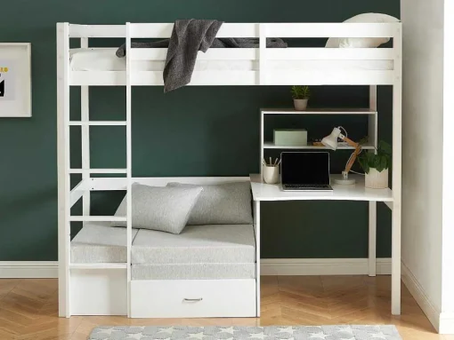 Hoogslaper 90 X 200 Cm Met Bureau, Slaapbank En Opbergruimte - Massief Grenen - Gebleekt + Matras - Goliath Iii