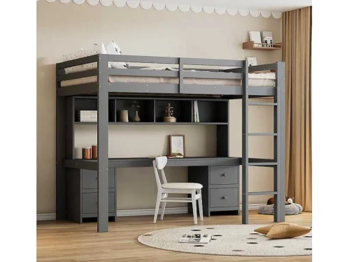 Hoogslaper 90 X 200 Cm Met Bureau, Boekenkast, Lades En Ladder, Mdf Hout, Grijs