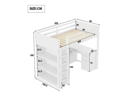 Hoogslaper 90 X 200 Cm Met Bureau, Opbergplanken, Lades En Ladder, Mdf-Hout, Wit