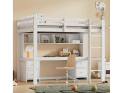 Hoogslaper 90 X 200 Cm Met Bureau, Boekenkast, Lades En Ladder, Mdf Hout, Wit