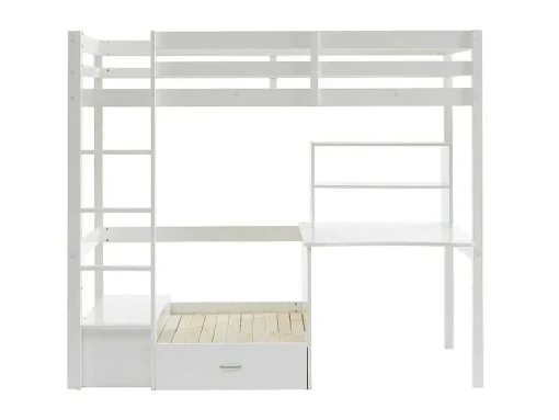 Hoogslaper 90 X 200 Cm Met Bureau, Slaapbank En Opbergruimte - Massief Grenen - Gebleekt + Matras - Goliath Iii