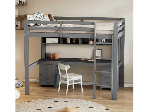Hoogslaper 90 X 200 Cm Met Bureau, Boekenkast, Lades En Ladder, Mdf Hout, Grijs