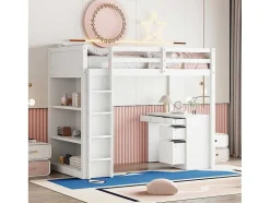 Hoogslaper 90 X 200 Cm Met Bureau, Opbergplanken, Lades En Ladder, Mdf-Hout, Wit
