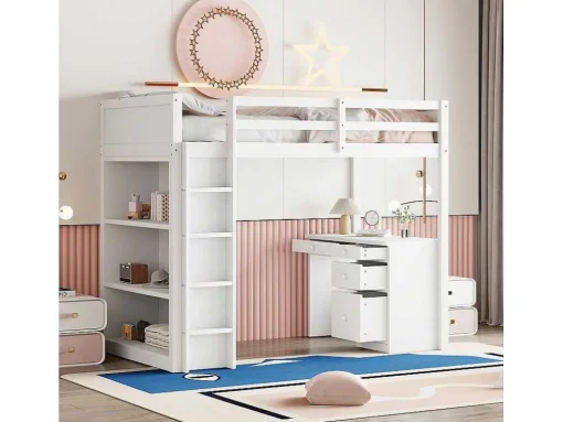 Hoogslaper 90 X 200 Cm Met Bureau, Opbergplanken, Lades En Ladder, Mdf-Hout, Wit