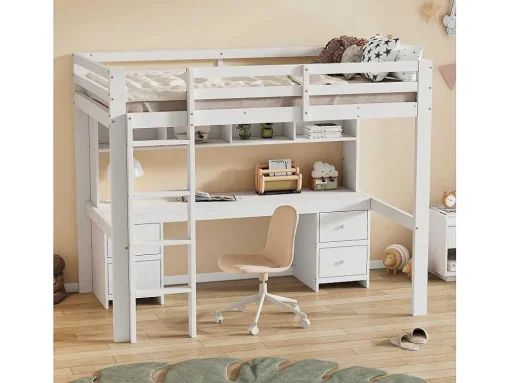 Hoogslaper 90 X 200 Cm Met Bureau, Boekenkast, Lades En Ladder, Mdf Hout, Wit