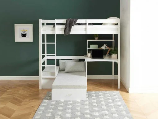 Hoogslaper 90 X 200 Cm Met Bureau, Slaapbank En Opbergruimte - Massief Grenen - Gebleekt + Matras - Goliath Iii