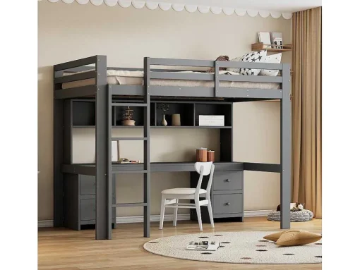 Hoogslaper 90 X 200 Cm Met Bureau, Boekenkast, Lades En Ladder, Mdf Hout, Grijs