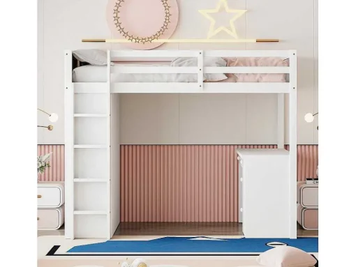 Hoogslaper 90 X 200 Cm Met Bureau, Opbergplanken, Lades En Ladder, Mdf-Hout, Wit