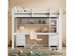 Hoogslaper 90 X 200 Cm Met Bureau, Boekenkast, Lades En Ladder, Mdf Hout, Wit